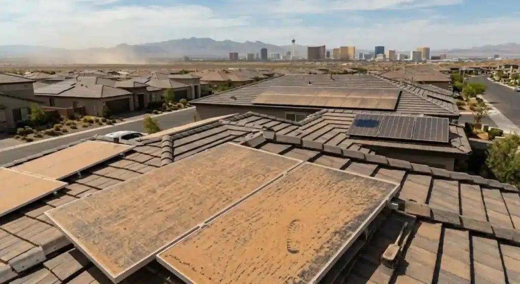 Dust-covered solar panels in Las Vegas desert environment