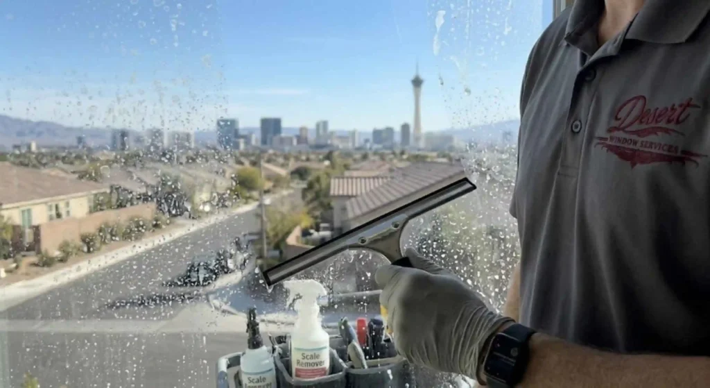 Professional technician cleaning mineral deposits from residential windows