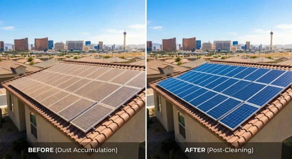 Solar panels with desert dust before and after cleaning