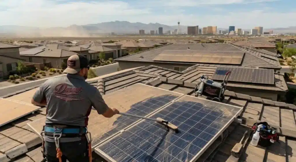 Technician cleaning rooftop solar panels in Las Vegas
