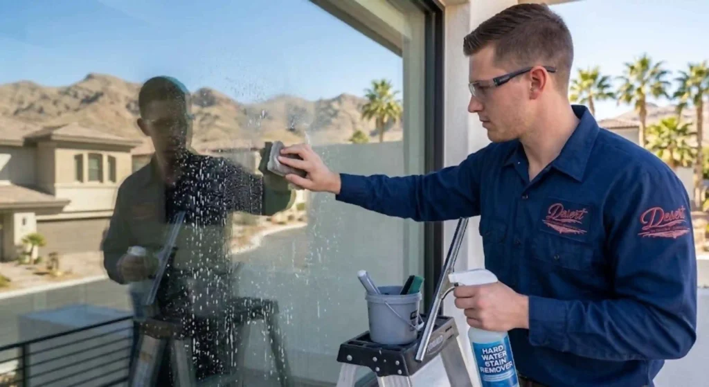 Technician removing hard water stains from Las Vegas home windows