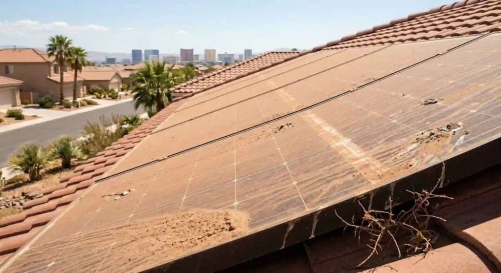 Dirty solar panels affected by Las Vegas desert dust
